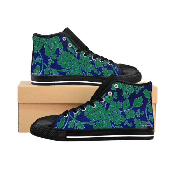 Green Floral  Men's High Tops, Green and Blue Floral Best Designer Men's Classic Sneakers