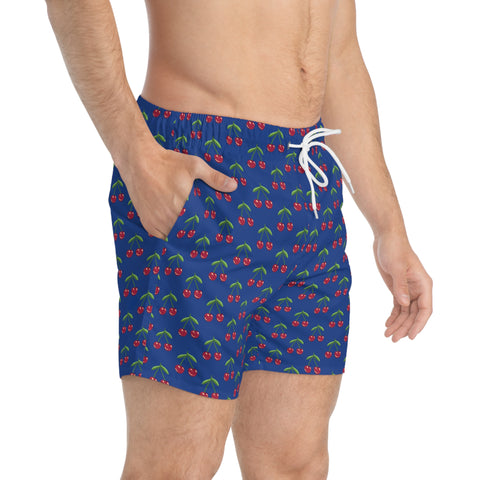 Blue Cherries Print Men's Swimwear, Red Cherries Print Best Designer Cherries Print Swim Trunks For Men (US Size: XS-3XL)&nbsp;Red Cherries Print Mid-Length Shorts Beach Pockets Mesh Lining Drawstring Luxury Cool Guys Casual Bathing Suit Plus Size Available Swimwear For Men