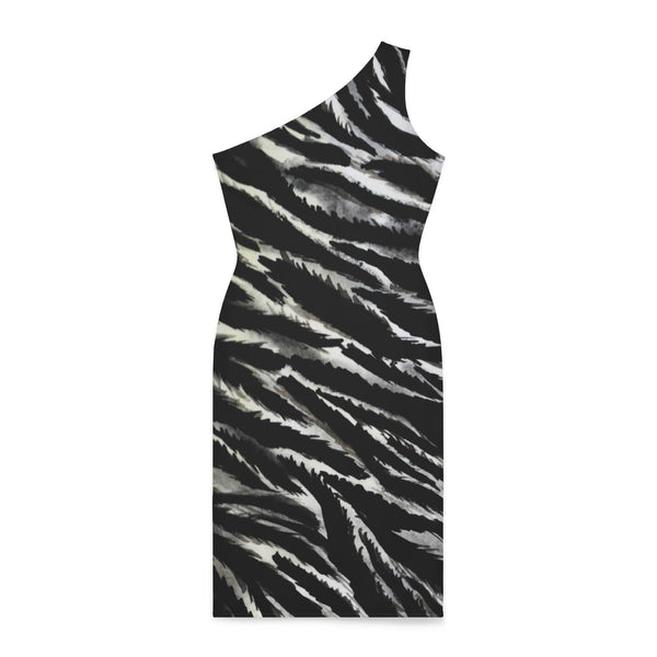 Zebra Pattern Women's Shoulder Dress, White and Black Best Knee-Length Fitted Stretchy Designer Animal Print Off-The-Shoulder Sleeveless Dress &nbsp;- Made in USA (US Size: XS-XL)