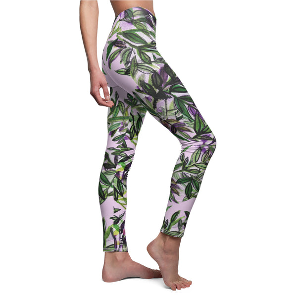 Floral Pink Women's Casual Leggings, Made in USA, Size: XS-2XL, Tropical Leaves Print Leggings, Tropical Tight Pants