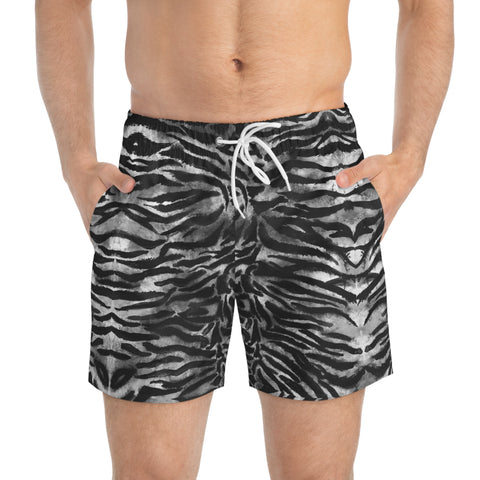 Grey Tiger Striped Men's Swimwear, Tiger Striped Animal Print Swim Trunks For Men (US Size: XS-3XL) Animal Striped Print Mid-Length Shorts Beach Pockets Mesh Lining Drawstring Luxury Cool Guys Casual Bathing Suit Plus Size Available Swimwear For Men