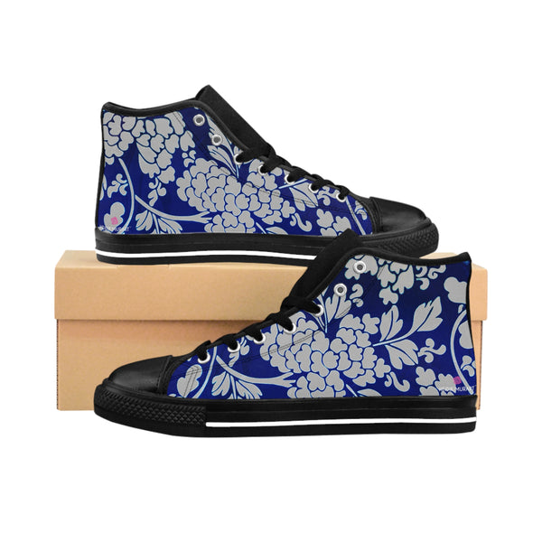 Grey Floral  Men's High Tops, Blue Floral Print Best Designer Men's Classic Sneakers