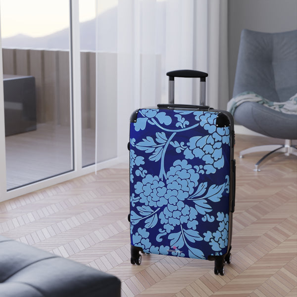 Sky Blue Floral Print Suitcase, Abstract Oriental Style Floral Print Designer Suitcases, Travel Bag Suitcases (Small, Medium, Large)