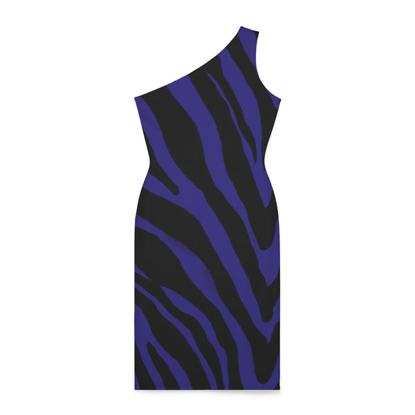 Purple Zebra Shoulder Dress, Zebra Pattern Women's Shoulder Dress, Purple and Black Best Knee-Length Fitted Stretchy Designer Animal Print Off-The-Shoulder Sleeveless Dress &nbsp;- Made in USA (US Size: XS-XL)