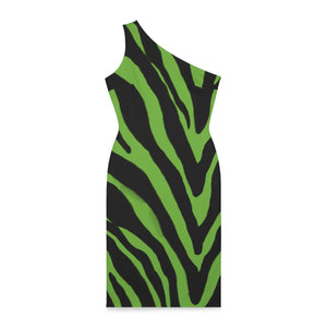 Green Zebra Shoulder Dress, Zebra Pattern Women's Shoulder Dress, Green and Black Best Knee-Length Fitted Stretchy Designer Animal Print Off-The-Shoulder Sleeveless Dress &nbsp;- Made in USA (US Size: XS-XL)