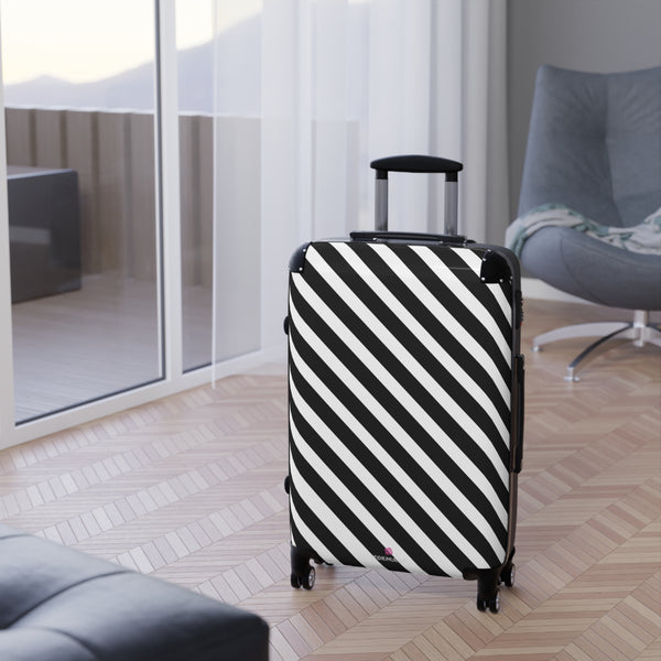 Black White Diagonal Striped Suitcases, Stripes Print Suitcases, Best Suitcases, Travel Bag Suitcases