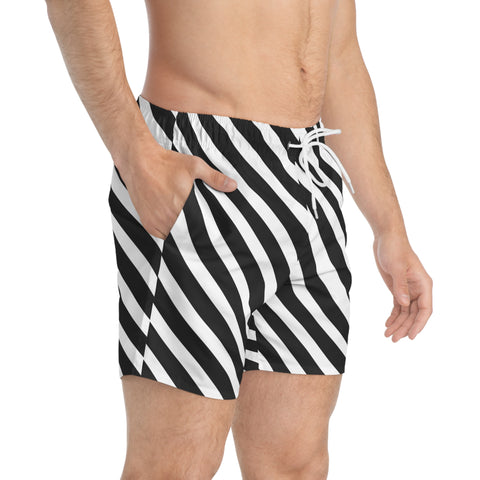 Black White Striped Men's Swimwear, Best Diagonally&nbsp;Striped Print Swim Trunks For Men (US Size: XS-3XL)&nbsp;Striped Print Mid-Length Shorts Beach Pockets Mesh Lining Drawstring Luxury Cool Guys Casual Bathing Suit Plus Size Available Swimwear For Men