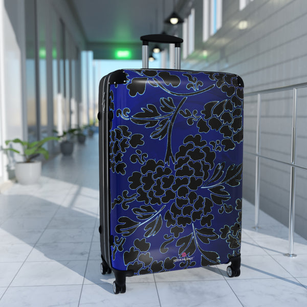 Black Blue Floral Print Suitcase, Abstract Oriental Style Floral Print Designer Suitcases, Travel Bag Suitcases (Small, Medium, Large)