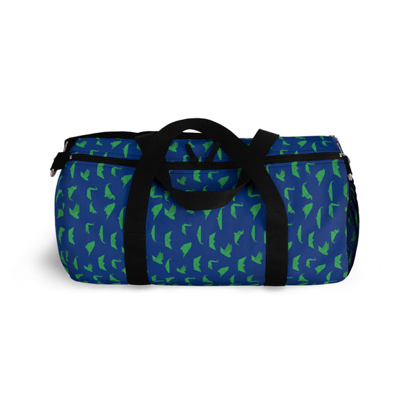 Dark Blue Crane Duffel Bag, Green Japanese Crane Print Pattern Print Designer Premium All Day Small Or Large Size Duffel or Gym Bag, Made in USA, Womens Large Patterned Duffle Bag, Gym Bag For Ladies, Patterned Duffle Bag