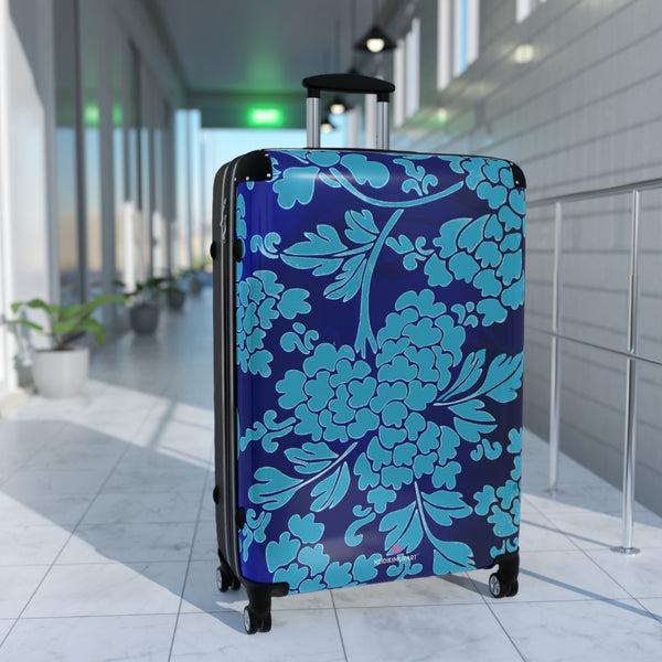 Blue Floral Print Suitcase, Abstract Oriental Style Floral Print Designer Suitcases, Travel Bag Suitcases (Small, Medium, Large)