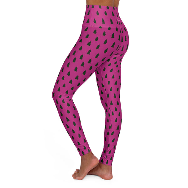 Pink Christmas Tree Yoga Tights, High Waisted Women's Yoga Leggings