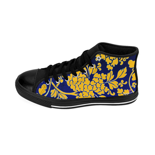 Yellow Floral  Men's High Tops, Blue Floral Print Best Designer Men's Classic Sneakers