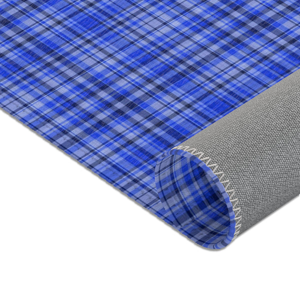 Blue Plaid Print Indoor Carpet, Solid Color Area Rugs