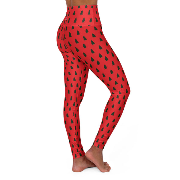 Red Christmas Tree Yoga Tights, High Waisted Women's Yoga Leggings