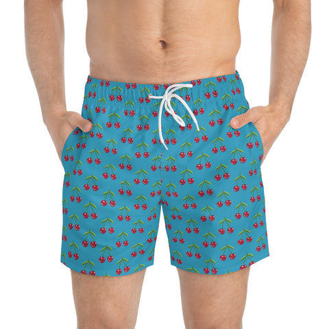 Blue Cherries Print Men's Swimwear, Red Cherries Print Best Designer Cherries Print Swim Trunks For Men (US Size: XS-3XL)&nbsp;Red Cherries Print Mid-Length Shorts Beach Pockets Mesh Lining Drawstring Luxury Cool Guys Casual Bathing Suit Plus Size Available Swimwear For Men