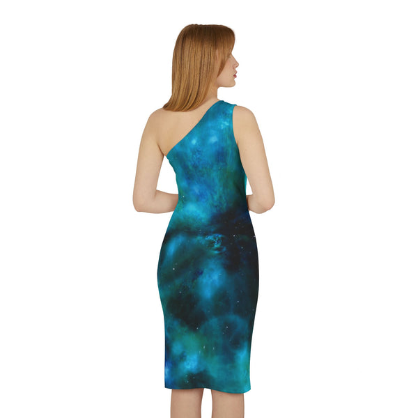 Blue Abstract Women's Shoulder Dress, Galaxy Colorful Abstract&nbsp;Galaxy Print Best Knee-Length Fitted Stretchy Designer Off-The-Shoulder Sleeveless Dress &nbsp;- Made in USA (US Size: XS-XL)