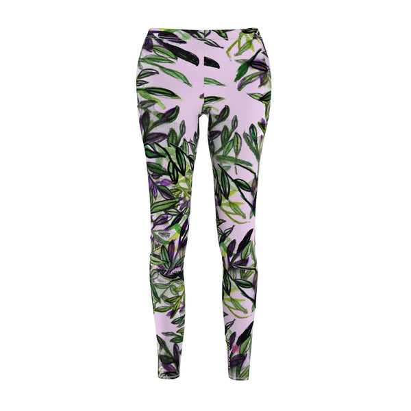 Floral Pink Women's Casual Leggings, Made in USA, Size: XS-2XL, Tropical Leaves Print Leggings, Tropical Tight Pants