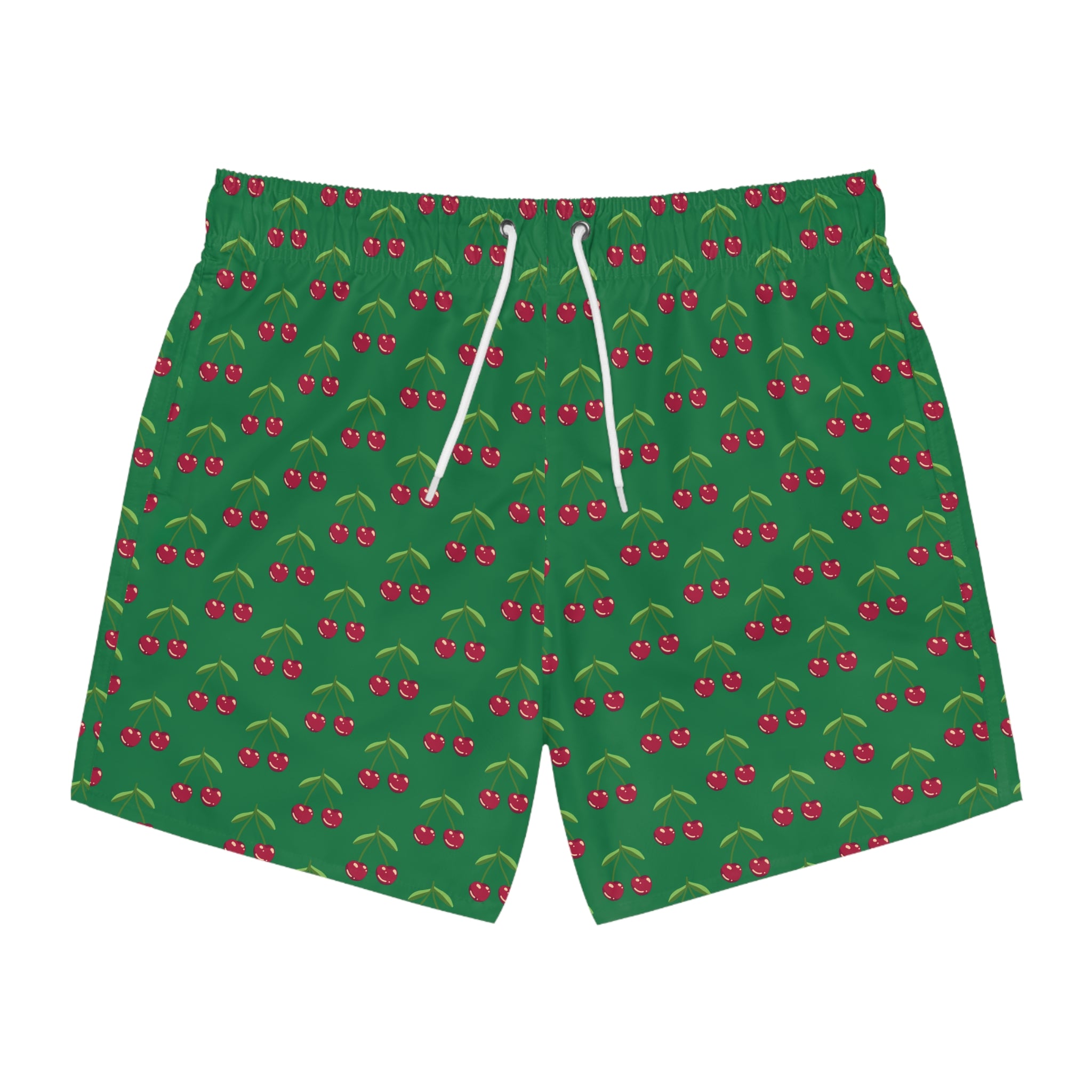 Green&nbsp;Cherries Print Men's Swimwear, Red Cherries Print Best Designer Cherries Print Swim Trunks For Men (US Size: XS-3XL) Red Cherries Print Mid-Length Shorts Beach Pockets Mesh Lining Drawstring Luxury Cool Guys Casual Bathing Suit Plus Size Available Swimwear For Men