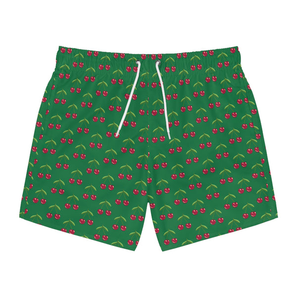 Green&nbsp;Cherries Print Men's Swimwear, Red Cherries Print Best Designer Cherries Print Swim Trunks For Men (US Size: XS-3XL) Red Cherries Print Mid-Length Shorts Beach Pockets Mesh Lining Drawstring Luxury Cool Guys Casual Bathing Suit Plus Size Available Swimwear For Men