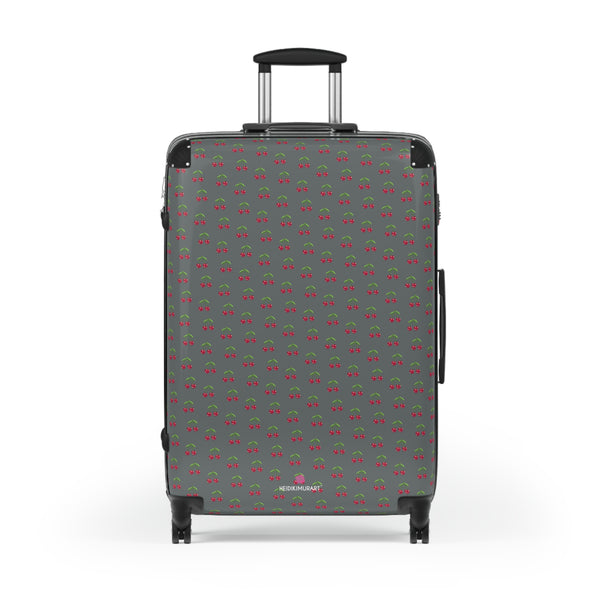 Gray Cherry Print Suitcase, Cute Red Cherries Print Designer Suitcases, Travel Bag Suitcases