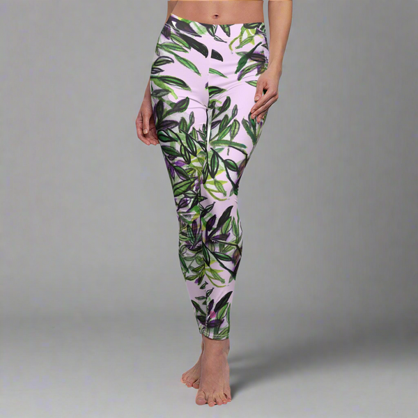 Floral Pink Women's Casual Leggings, Made in USA, Size: XS-2XL, Tropical Leaves Print Leggings, Tropical Tight Pants