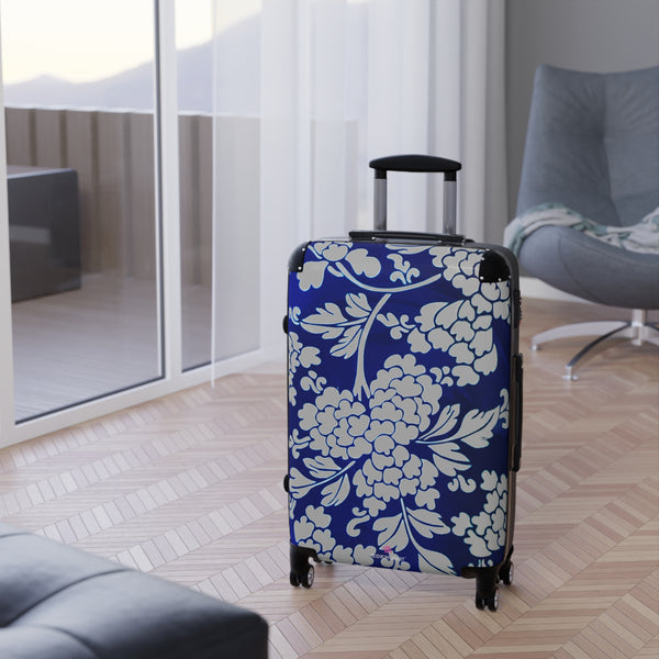 Grey Blue Floral Print Suitcase, Abstract Oriental Style Floral Print Designer Suitcases, Travel Bag Suitcases (Small, Medium, Large)