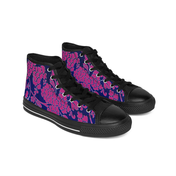 Pink Blue Floral  Men's High Tops, Blue Floral Print Best Designer Men's Classic Sneakers