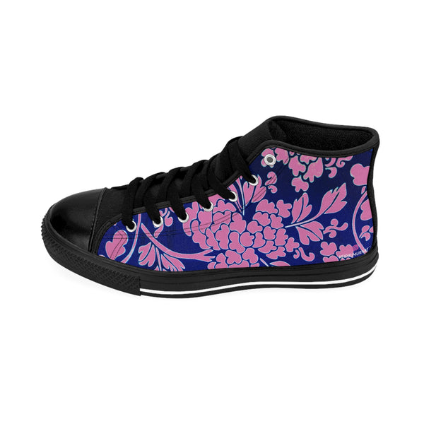 Pink Floral  Men's High Tops, Pink and Blue Best Designer Men's Classic Sneakers