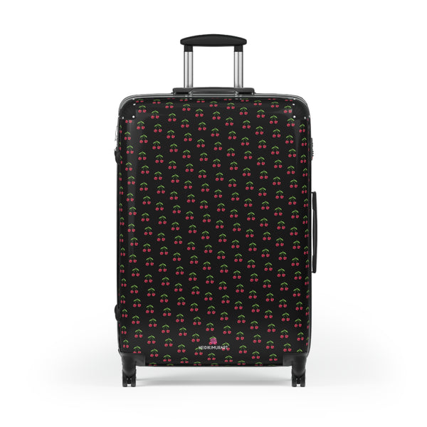 Black Cherry Print Suitcase, Cute Red Cherries Print Designer Suitcases, Travel Bag Suitcases