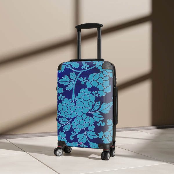 Blue Floral Print Suitcase, Abstract Oriental Style Floral Print Designer Suitcases, Travel Bag Suitcases (Small, Medium, Large)