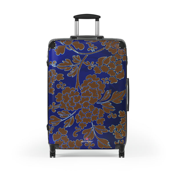 Brown Blue Floral Print Suitcase, Abstract Oriental Style Floral Print Designer Suitcase Luggage (Small, Medium, Large)&nbsp;Unique Cute Spacious Versatile and Lightweight Carry-On or Checked In Suitcase, Best Personal Superior Designer Adult's Travel Bag Custom Luggage - Gift For Him or Her - Printed in&nbsp; Canada