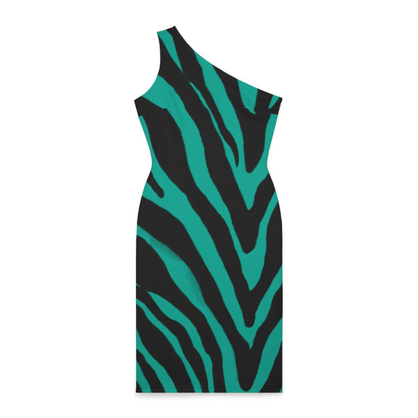 Turquoise Blue Zebra Shoulder Dress, Zebra Pattern Women's Shoulder Dress, Blue and Black Best Knee-Length Fitted Stretchy Designer Animal Print Off-The-Shoulder Sleeveless Dress &nbsp;- Made in USA (US Size: XS-XL)