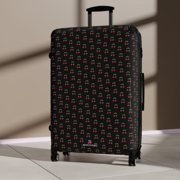 Black Cherry Print Suitcase, Cute Red Cherries Print Designer Suitcases, Travel Bag Suitcases