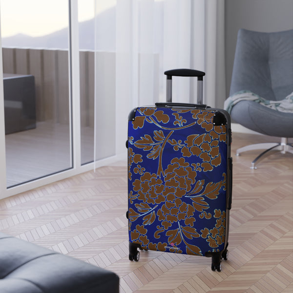 Brown Blue Floral Print Suitcase, Abstract Print Designer Suitcases, Travel Bag Suitcases (Small, Medium, Large)