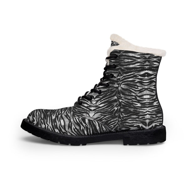 Men's Black Zebra Fur-Lined Leather Boots — Insulated Winter Combat Style