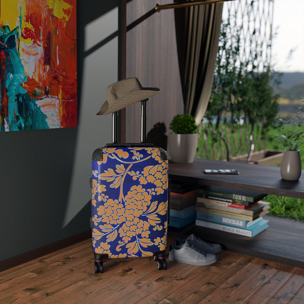 Brown Blue Floral Print Suitcase, Abstract Oriental Style Floral Print Designer Suitcases, Travel Bag Suitcases (Small, Medium, Large)