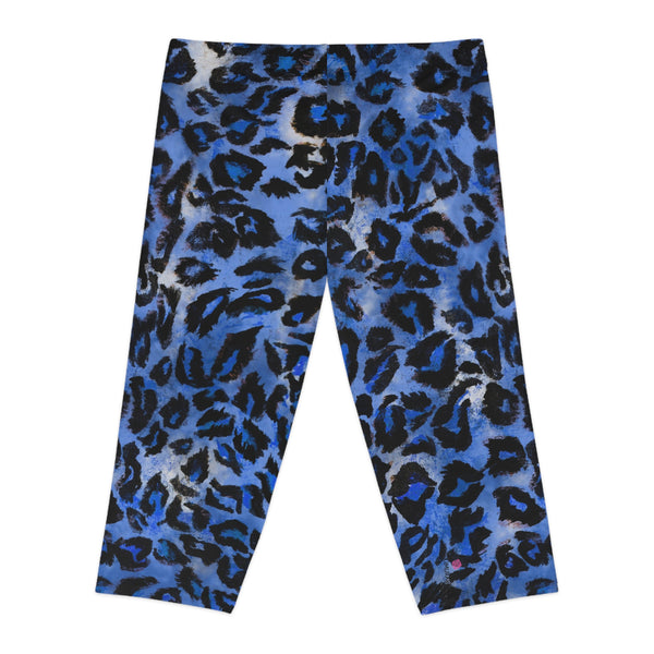 Blue Leopard Women's Capri Leggings, Modern Leopard Animal Print American-Made Best Designer Premium Quality Knee-Length Mid-Waist Fit Knee-Length Polyester Capris Tights-Made in USA (US Size: XS-2XL) Plus Size Available