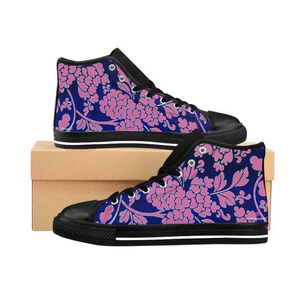 Pink Floral  Men's High Tops, Pink and Blue Best Designer Men's Classic Sneakers
