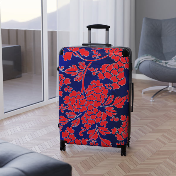 Red Blue Floral Print Suitcase, Abstract Oriental Style Floral Print Designer Suitcases, Travel Bag Suitcases (Small, Medium, Large)