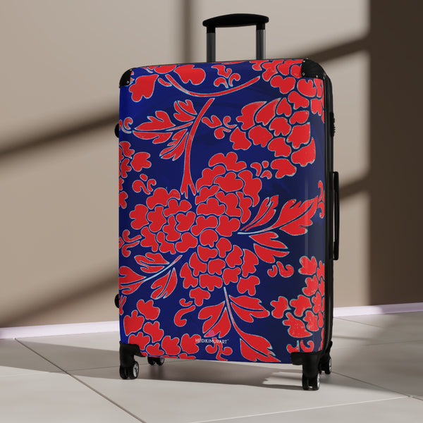 Red Blue Floral Print Suitcase, Abstract Oriental Style Floral Print Designer Suitcases, Travel Bag Suitcases (Small, Medium, Large)