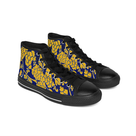 Yellow Floral  Men's High Tops, Blue Floral Print Best Designer Men's Classic Sneakers