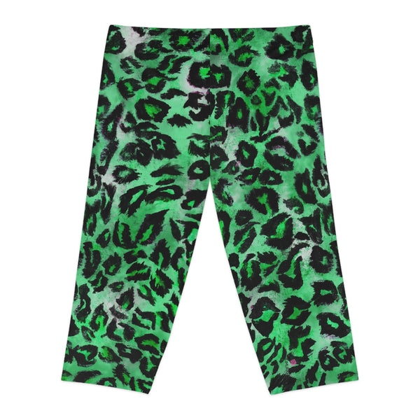 Green Leopard Women's Capri Leggings, Modern Leopard Animal Print American-Made Best Designer Premium Quality Knee-Length Mid-Waist Fit Knee-Length Polyester Capris Tights-Made in USA (US Size: XS-2XL) Plus Size Available