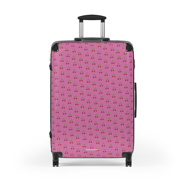 Pink Cherry Print Suitcase, Cute Red Cherries Print Designer Suitcases, Travel Bag Suitcases