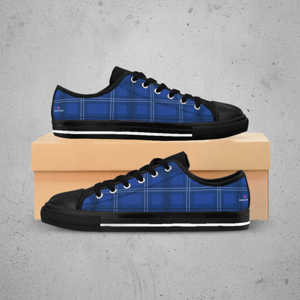 Royal Blue Plaid Women's Sneakers, Tartan Print Designer Low Top Fashion Fashion Tennis Shoes For Ladies  (US Size: 6-12)