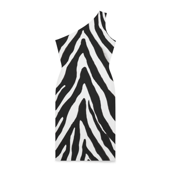 Zebra Pattern Women's Shoulder Dress, White and Black Best Knee-Length Fitted Stretchy Designer Animal Print Off-The-Shoulder Sleeveless Dress &nbsp;- Made in USA (US Size: XS-XL)