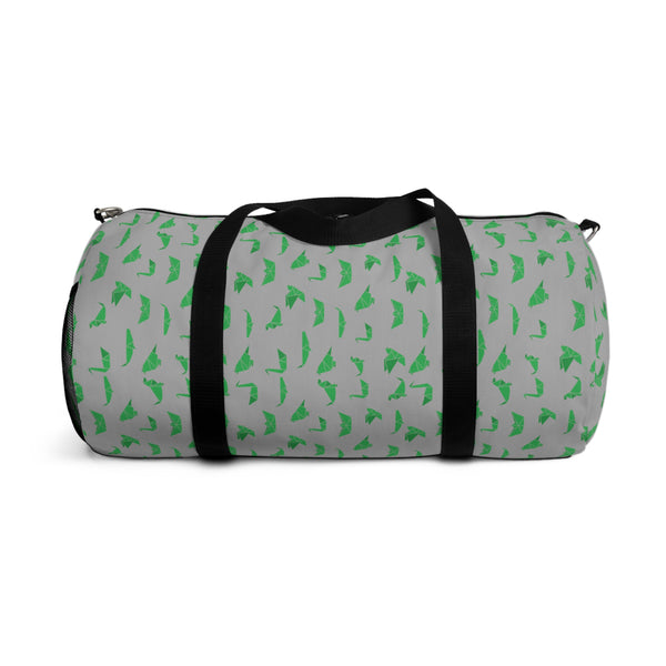 Grey Crane Print Duffel Bag, Green Japanese Crane Print Pattern Print Designer Premium All Day Small Or Large Size Duffel or Gym Bag, Made in USA, Womens Large Patterned Duffle Bag, Gym Bag For Ladies, Patterned Duffle Bag