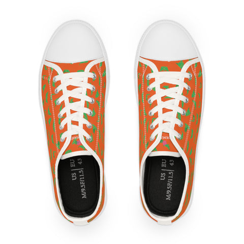 Orange Crane Print Men's Sneakers, Green and Orange Japanese Style Crane print Graphic Colorful Modern Best Breathable Designer Men's Low Top Canvas Fashion Sneakers With Durable Rubber Outsoles and Shock-Absorbing Layer and Memory Foam Insoles (US Size: 5-14)