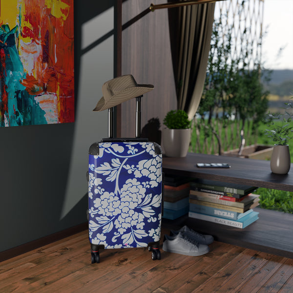 Grey Blue Floral Print Suitcase, Abstract Oriental Style Floral Print Designer Suitcases, Travel Bag Suitcases (Small, Medium, Large)