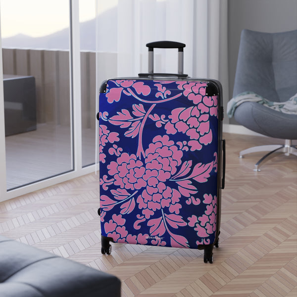 Pink Blue Floral Print Suitcase, Abstract Oriental Style Floral Print Designer Suitcases, Travel Bag Suitcases (Small, Medium, Large)