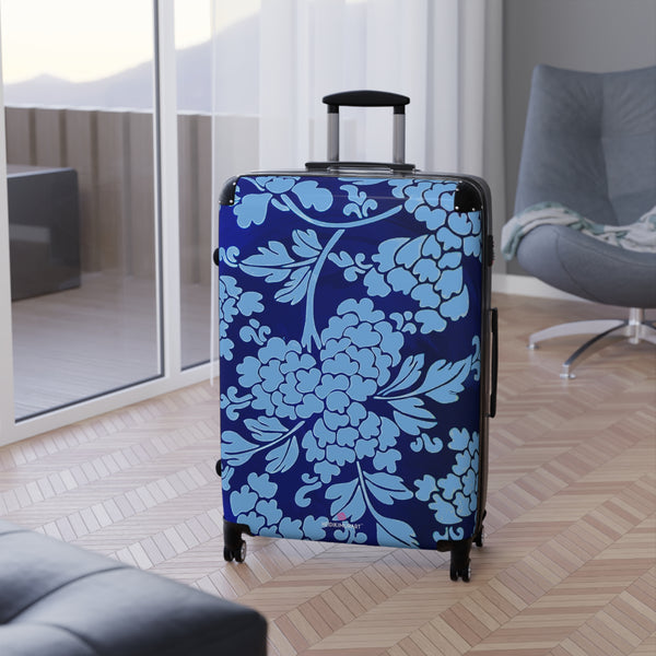 Sky Blue Floral Print Suitcase, Abstract Oriental Style Floral Print Designer Suitcases, Travel Bag Suitcases (Small, Medium, Large)